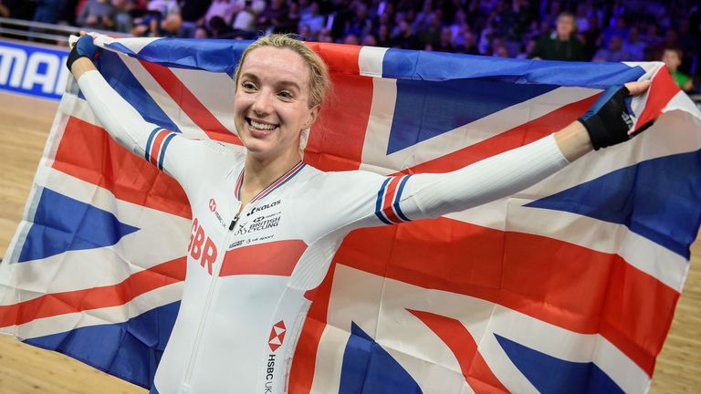 Great Britain's Elinor Barker celebrates after the women's 25km points final at the UCI track cycling World Championship at the velodrome in Berlin