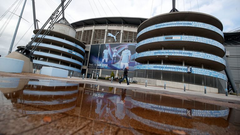 A view outside the Etihad Stadium in Manchester. All Premier League football has been suspended in response to the Coronavirus pandemic