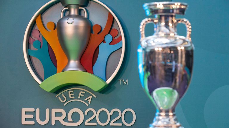 UEFA European Championship trophy and branding are displayed during a launch event in London