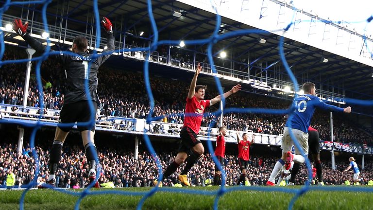 David De Gea and Harry Maguire appeal for offisde as the ball hits the back of the net