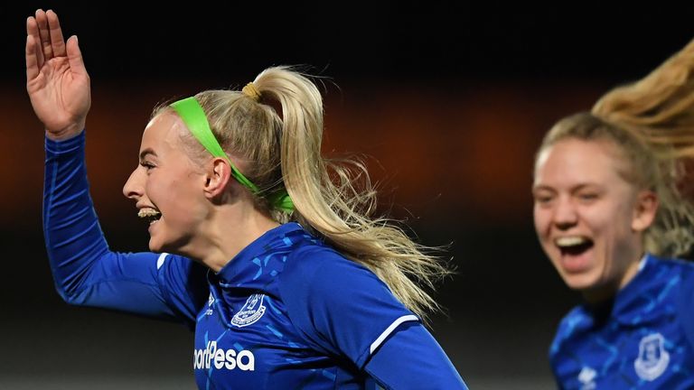 Chloe Kelly of Everton celebrates after scoring her sides first goal during the Barclays FA Women&#39;s Super League match between Tottenham Hotspur and Everton at The Hive on February 12, 2020 