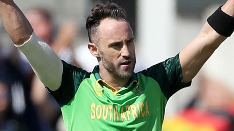 Faf du Plessis celebrates scoring a century in South Africa's group game with Australia at Old Trafford