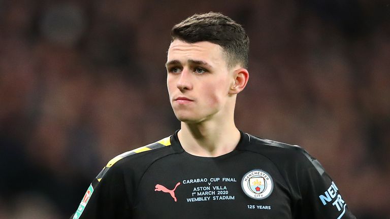 Phil Foden of Manchester City looks on during the Carabao Cup Final between Aston Villa and Manchester City at Wembley Stadium