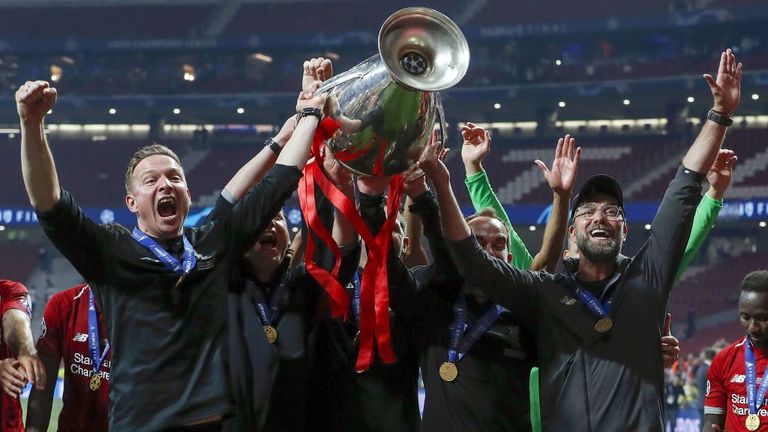 Pep Lijnders and Jurgen Klopp celebrate winning the 2019 Champions League in Madrid