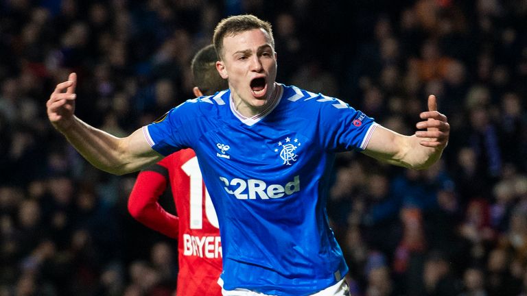 George Edmundson celebrate scoring for Rangers against Bayer Leverkusen