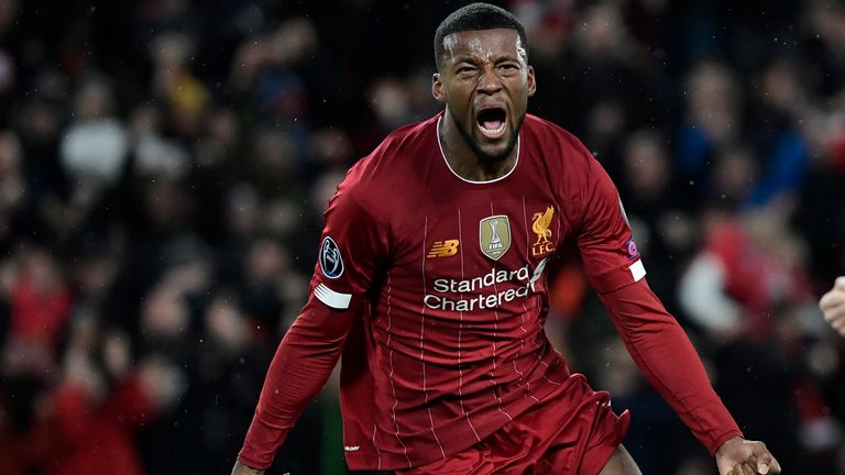 Gini Wijnaldum celebrates after putting Liverpool 1-0 up at Anfield