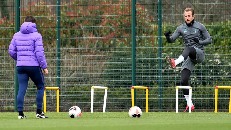 Harry Kane pictured in training after recovering from injury