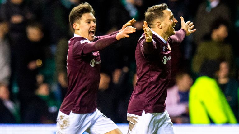Connor Washington celebrates with Aaron Hickey after scoring to make it 3-0 for Hearts in their win over Edinburgh rivals Hibernian