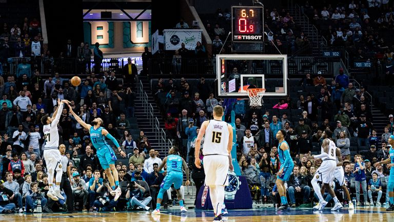 Jamal Murray of the Denver Nuggets makes the game winning shot in the final seconds of the fourth quarter during their game against the Charlotte Hornets 