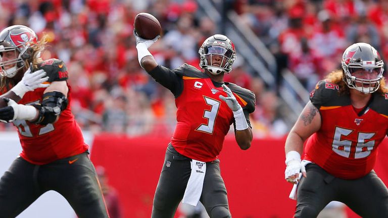 Jameis Winston of the Tampa Bay Buccaneers throws a pass against the Atlanta Falcons