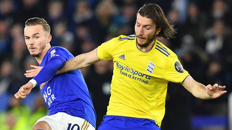 Birmingham City's Croatian midfielder Ivan Sunjic (R) vies with Leicester City's English midfielder James Maddison 