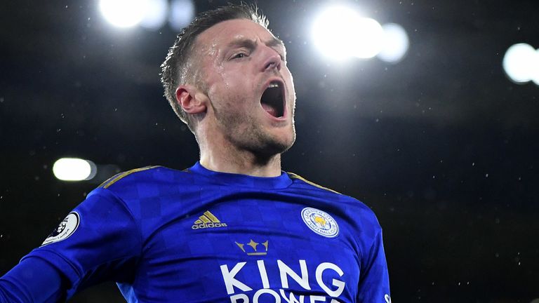 Jamie Vardy of Leicester City celebrates scoring his second goal during the Premier League match between Leicester City and Aston Villa at The King Power Stadium on March 09, 2020 in Leicester, United Kingdom