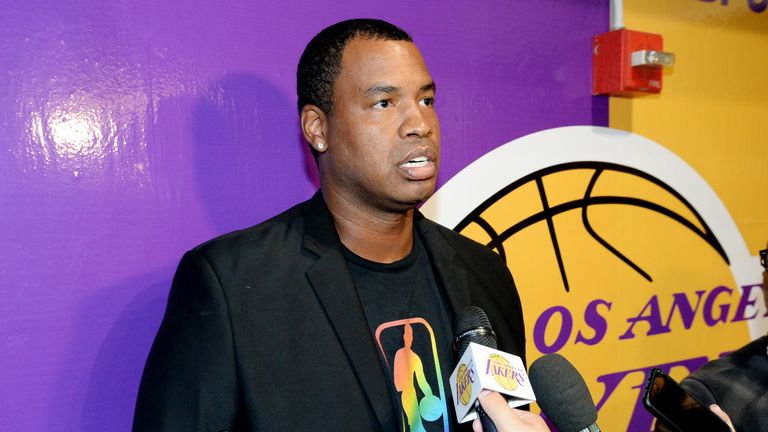 Jason Collins addresses the media at a Los Angeles Lakers game
