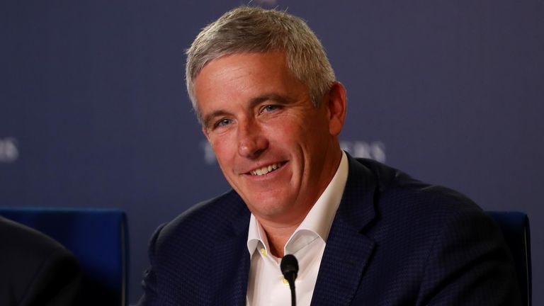 PGA TOUR Commissioner Jay Monahan speaks to the media during a practice round for The PLAYERS Championship on The Stadium Course at TPC Sawgrass on March 13, 2019 in Ponte Vedra Beach, Florida. (