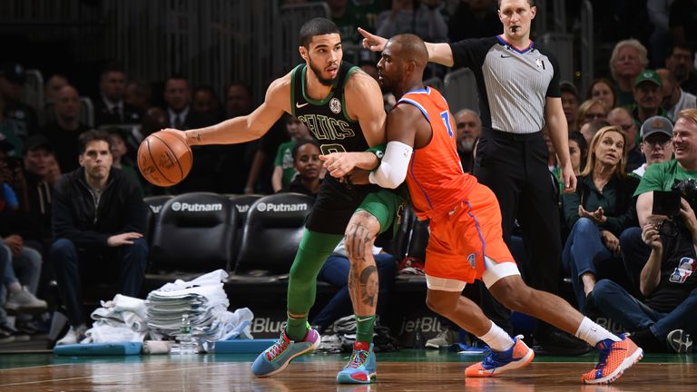 Jayson Tatum of the Boston Celtics handles the ball against the Oklahoma City Thunder