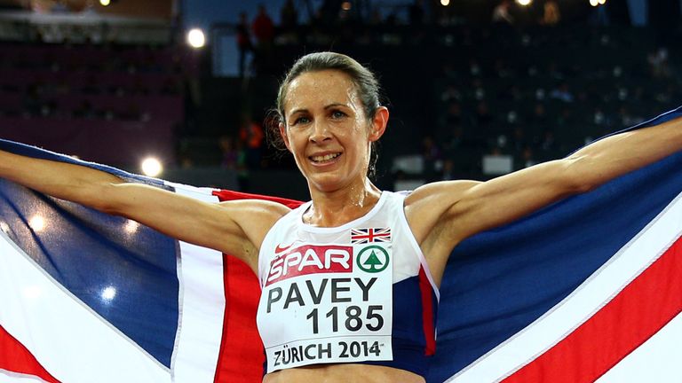 Jo Pavey celebrates victory in the 10,000m at the European Athletics Championships 2014