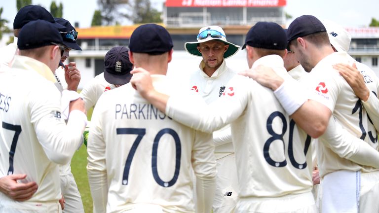 England captain Joe Root speaks to his players in a huddle during their warm-up match against a Sri Lanka Cricket Board President&#39;s XI