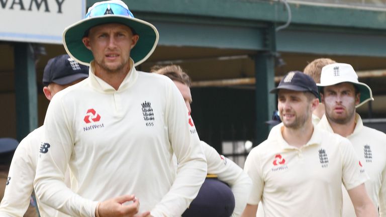 Captain Joe Root leads his England team-mates from the field of play after their warm-up match against a Sri Lanka Board President's XI was called off