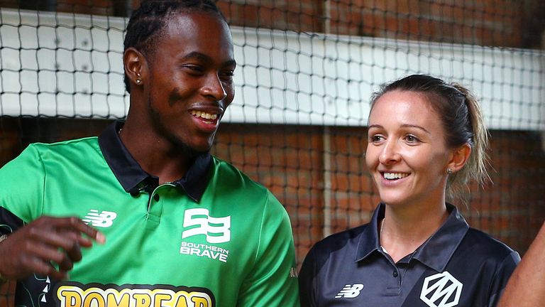 Southern Brave&#39;s Jofra Archer and Kate Cross of Manchester Originals at The Hundred launch in October 2019