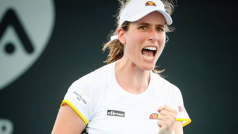 Johanna Konta of Britain reacts after a point against Barbora Strycova of the Czech Republic during the women's singles match on day one of the Brisbane International tennis tournament in Brisbane on January 6, 2020