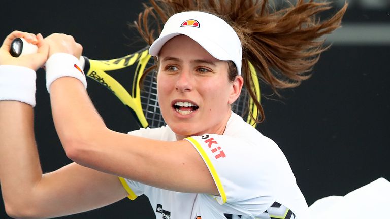 Johanna Konta of Great Britain plays a shot in her match against Barbora Strýcová of the Czech Republic during day one of the 2020 Brisbane International at Pat Rafter Arena on January 06, 2020 in Brisbane, Australia