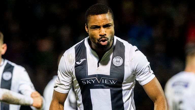 Jon Obika celebrates after St Mirren stretched their league advantage over Hearts