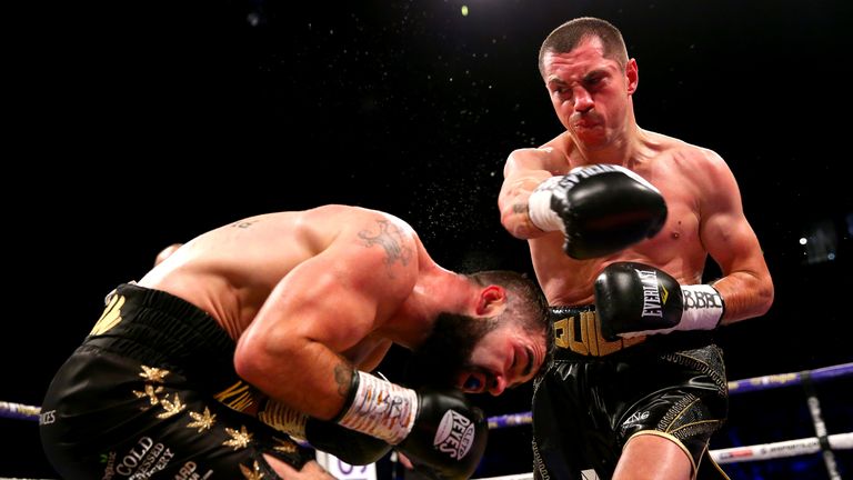 MANCHESTER, ENGLAND - MARCH 07: Scott Quigg Jono Carroll during the Super-Featherweight contest at Manchester Arena on March 07, 2020 in Manchester, England. (Photo by Alex Livesey/Getty Images)