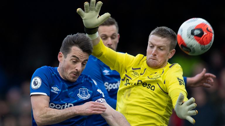 Jordan Pickford and Leighton Baines in action against Manchester United at Goodison Park