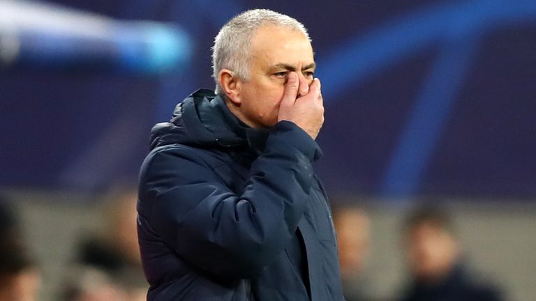 Jose Mourinho on the touchline during Spurs' Champions League tie at RB Leipzig