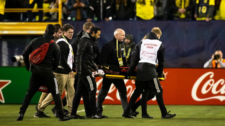Josef Martinez of Atlanta United is stretchered off in their MLS match with Nashville