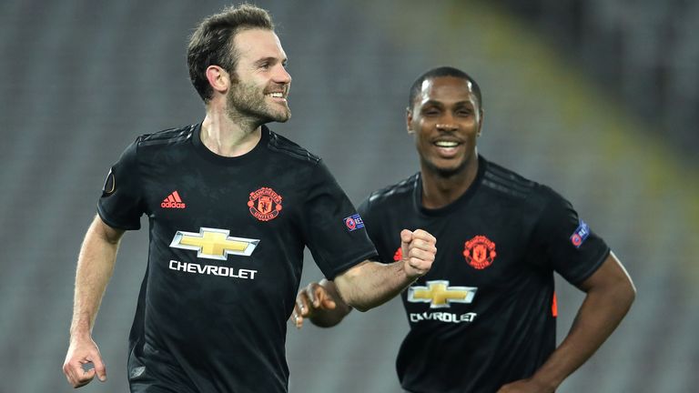 Juan Mata celebrates scoring for Manchester United against LASK