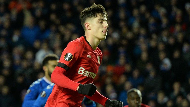 Kai Havertz celebrates scoring for Bayer Leverkusen against Rangers