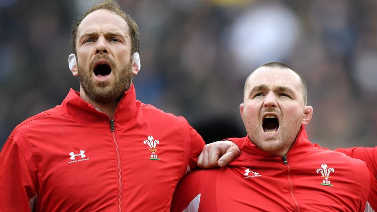 LONDON, ENGLAND - MARCH 07: Wales Captain, Alun Wyn Jones (L) sings his national anthem alongside team mates Ken Owens (C) and Rob Evans of Wales (R) during the 2020 Guinness Six Nations match between England and Wales at Twickenham Stadium on March 07, 2020 in London, England. (Photo by Shaun Botterill/Getty Images)