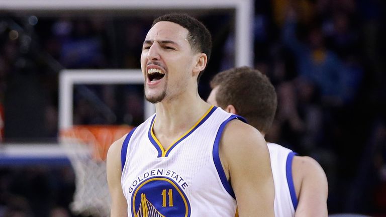 Klay Thompson celebrates after scoring 37 points in a single quarter against the Sacramento Kings in January 2015