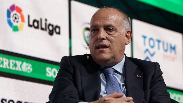 LISBON, PORTUGAL - SEPTEMBER 05: Javier Tebas President of La Liga talks during Day 1 of Soccerex Europe Convention at Tagus Park on September 5, 2019 in Lisbon, Portugal. (Photo by Gualter Fatia/Getty Images)