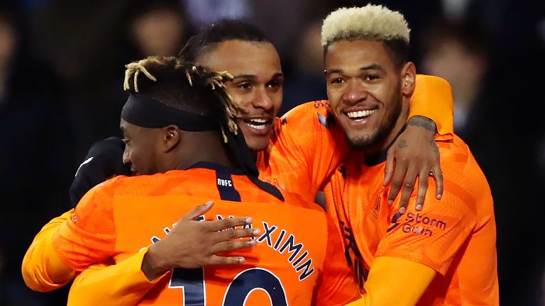 Newcastle United's Valentino Lazaro (centre) celebrates scoring his side's third goal of the game during the FA Cup fifth round match at The Hawthorns, West Bromwich. PA Photo. Picture date: Tuesday March 3, 2020.