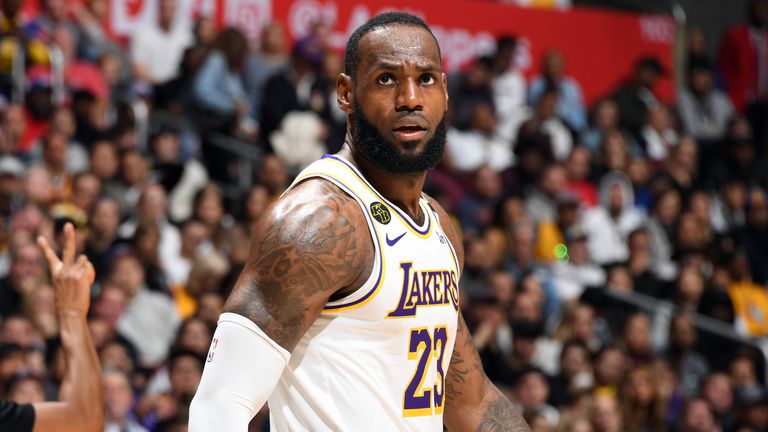 LeBron James of the Los Angeles Lakers looks on during the game against the LA Clippers