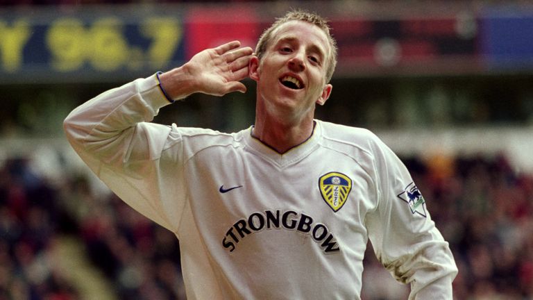 Lee Bowyer celebrates scoring against Liverpool for Leeds in April 2001