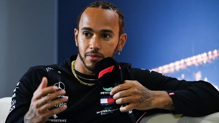 Lewis Hamilton attends a press conference during Winter testing at Circuit de Catalunya in Barcelona