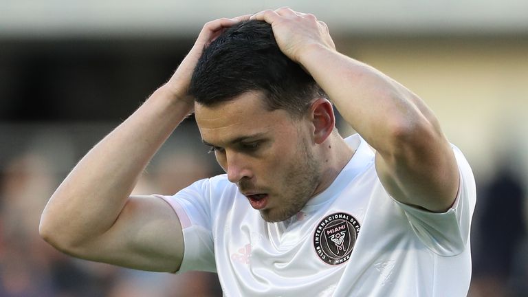 Lewis Morgan of Inter Miami reacts after missing an opportunity against  DC United