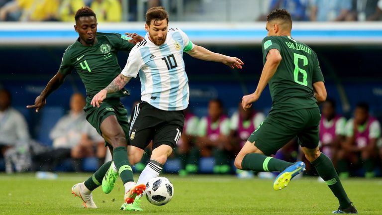 Lionel Messi takes on Leon Balogun during the 2018 FIFA World Cup Russia group D match between Nigeria and Argentina at Saint Petersburg Stadium on June 26, 2018 in Saint Petersburg, Russia.