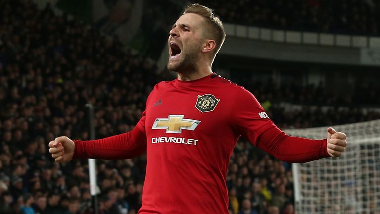 Luke Shaw celebrates scoring for Manchester United against Derby