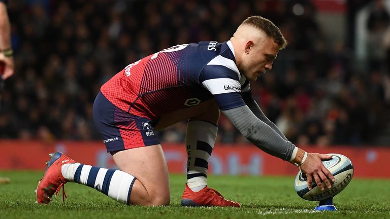 Ian Madigan of Bristol Bears lines up a kick during the Gallagher Premiership Rugby match between Bristol Bears and Sale Sharks at Ashton Gate on May 03, 2019 in Bristol, United Kingdom.