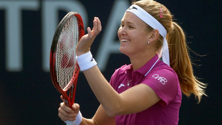 Czech Republic's Marie Bouzkova celebrates her victory over British's Johanna Konta (out of frame) during their Monterrey WTA Open women's semi-final singles tennis match in Monterrey, Nuevo Leon State, Mexico on March 7, 2020.
