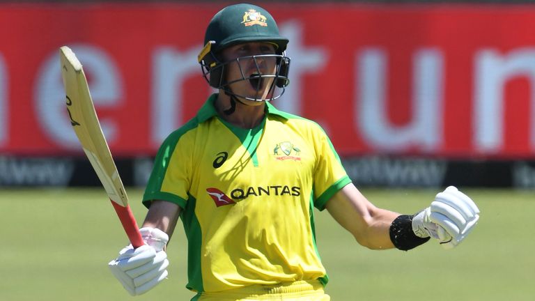 Marnus Labuschagne of Australia celebrates his 100 runs during the 3rd ODI match between South Africa and Australia at Senwes Park on March 07, 2020 in Potchefstroom, South Africa