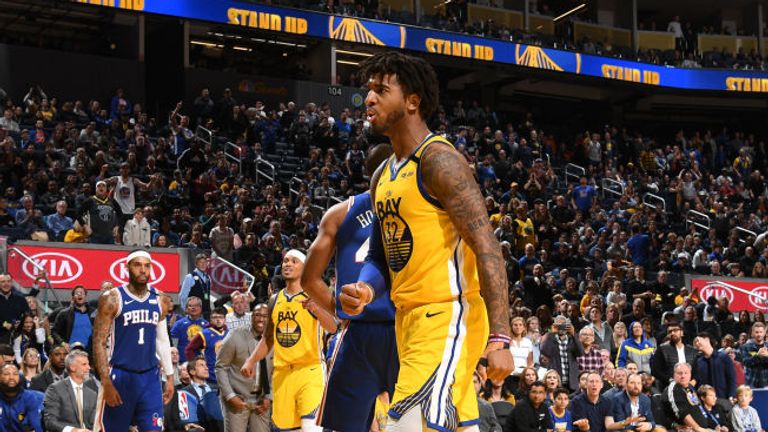 Marquese Chriss of the Golden State Warriors reacts to play