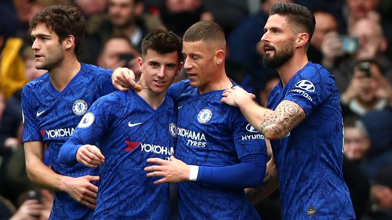 Mason Mount celebrates scoring for Chelsea against Everton