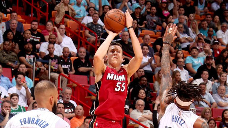 Duncan Robinson #55 of the Miami Heat shoots the ball against the Orlando Magic on March 4, 2020 at American Airlines Arena in Miami, Florida. 