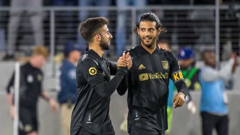 Carlos Vela #10 of Los Angeles FC celebrates his goal during the MLS match against Philadelphia Union at the Banc of California Stadium on March 8, 2020 in Los Angeles, California. The match ended in a 3-3 draw. 