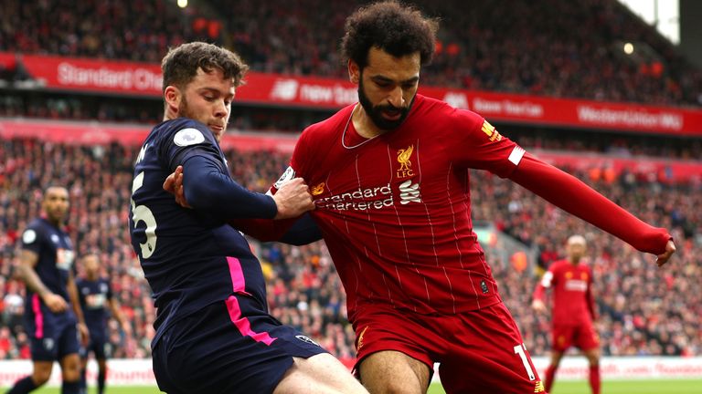 Mohamed Salah in Premier League action for Liverpool against Bournemouth at Anfield
